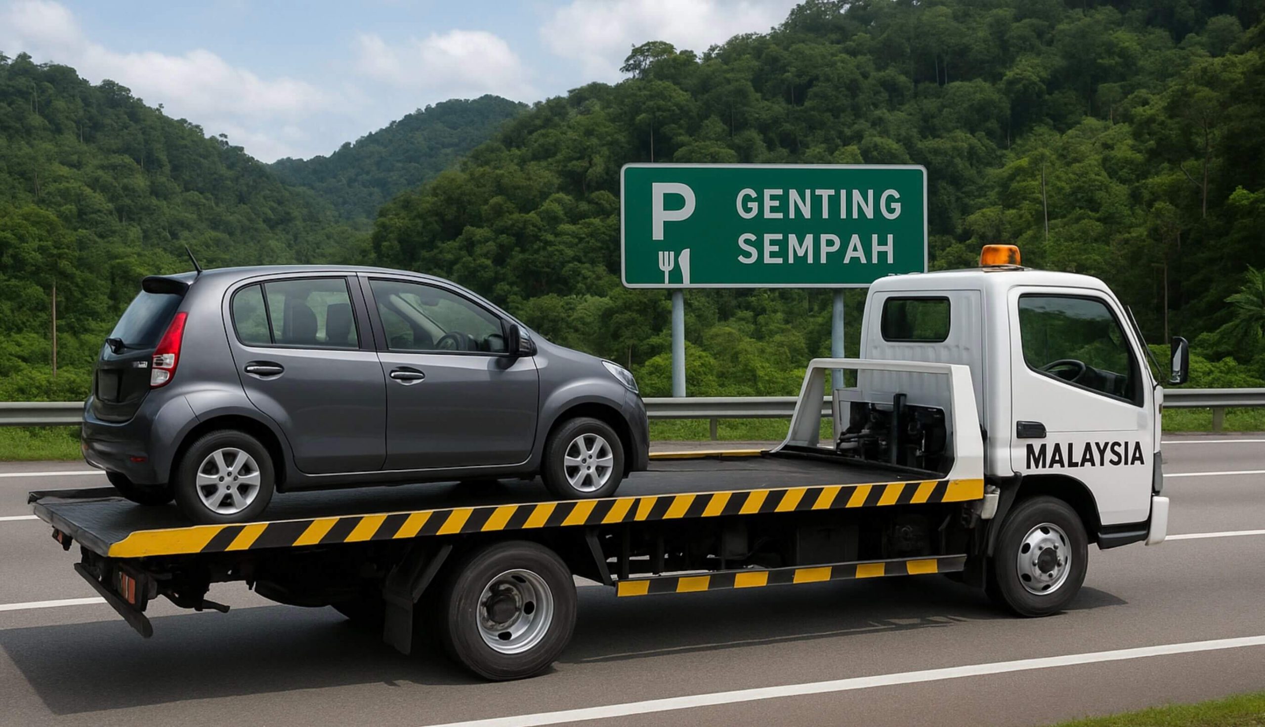 Image of tow truck towing a myvi car at Genting Sempah RnR from Bentong highway